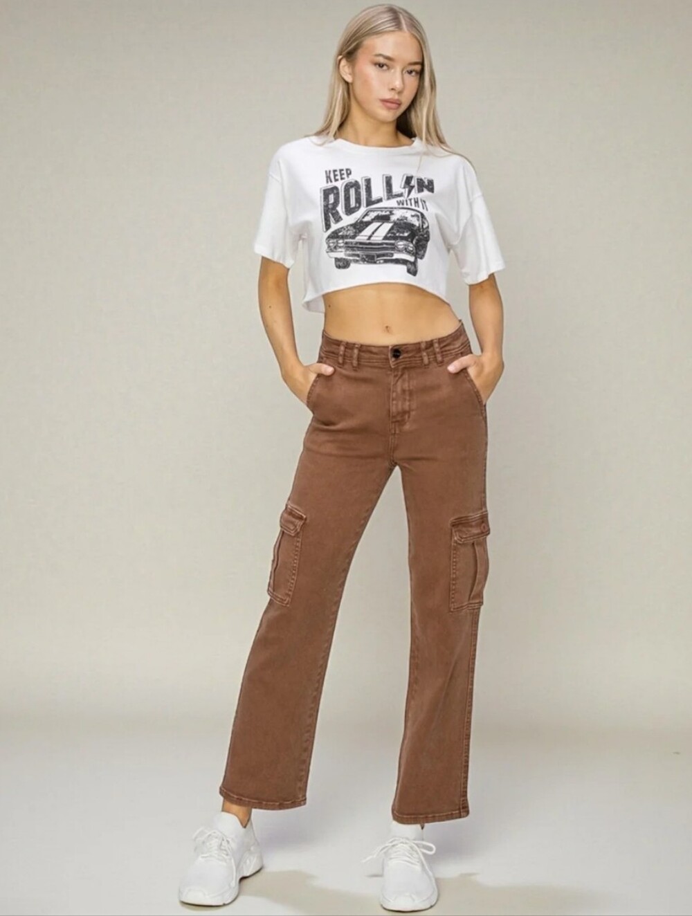 Risen Cocoa Utility Cargo Jeans High Rise Relaxed Fit Cargo Denim Y2K Street 26 - Picture 4 of 16
